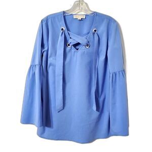 Michael Kors Womens Sz Medium Bell Sleeve Lace Neck Tie Blue